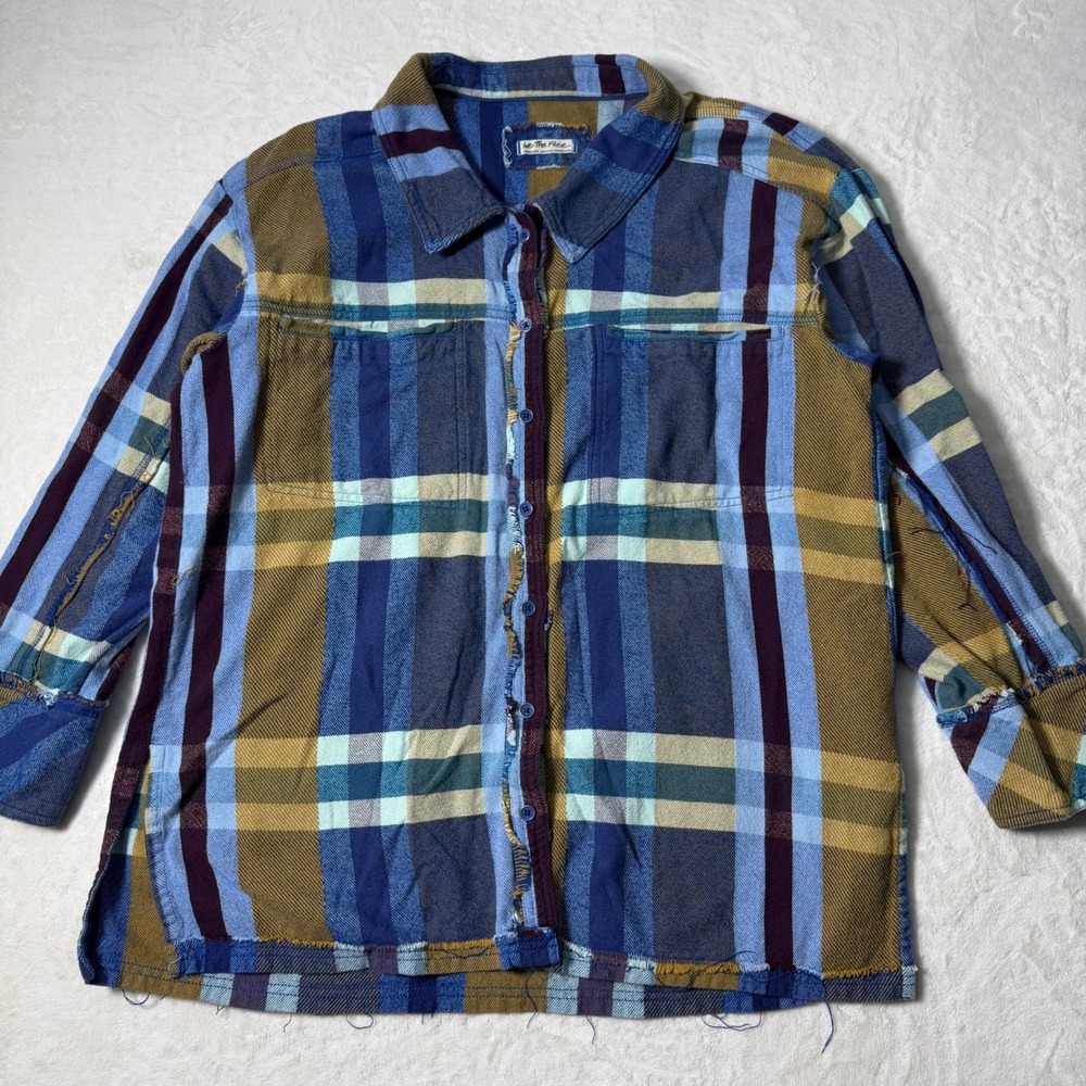 Free‎ People We The Free So Long Summer Blue Plaid Flannel Button Up Shirt Sz XL